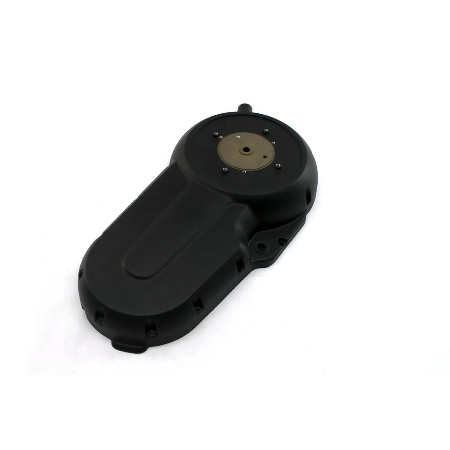Black motorcycle primary cover with rounded edges and central circular metal plate.