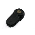 Black motorcycle primary cover with rounded edges and central circular metal plate.