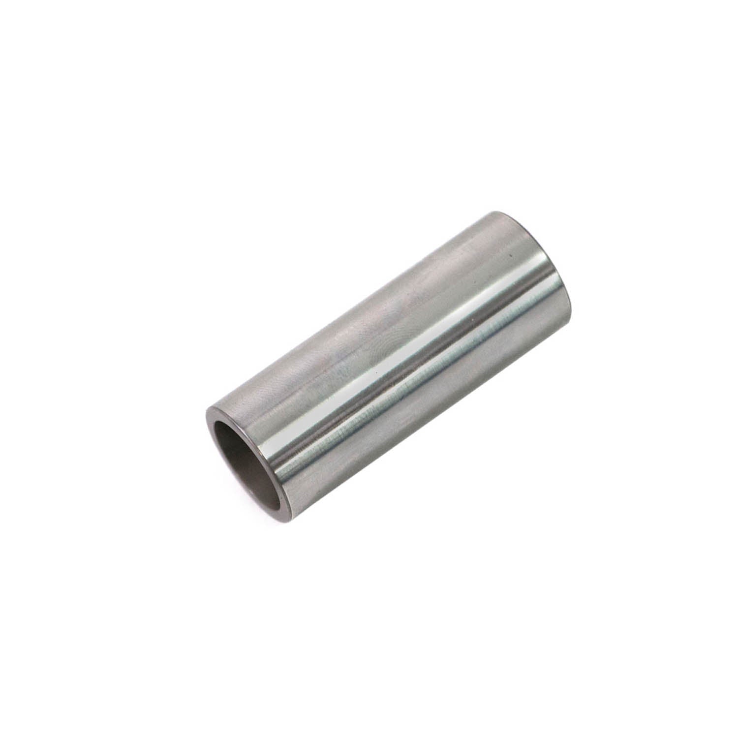 Polished metal cylindrical piston pin with hollow center and smooth surface.