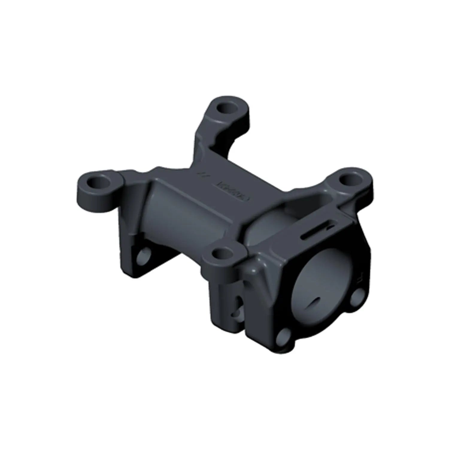 Matte black metal front cam carrier bracket with mounting holes and cylindrical housing section.