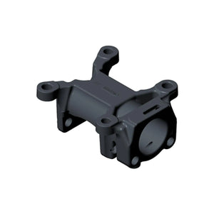 Matte black metal front cam carrier bracket with mounting holes and cylindrical housing section.