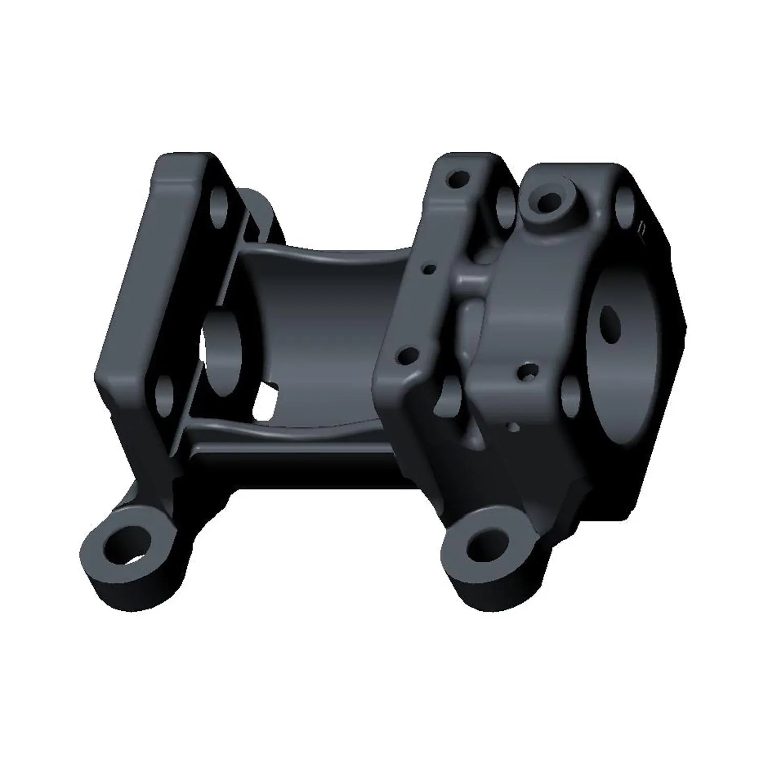 Black metal rear cam carrier with rounded mounting points and multiple bolt holes for motorcycle assembly.