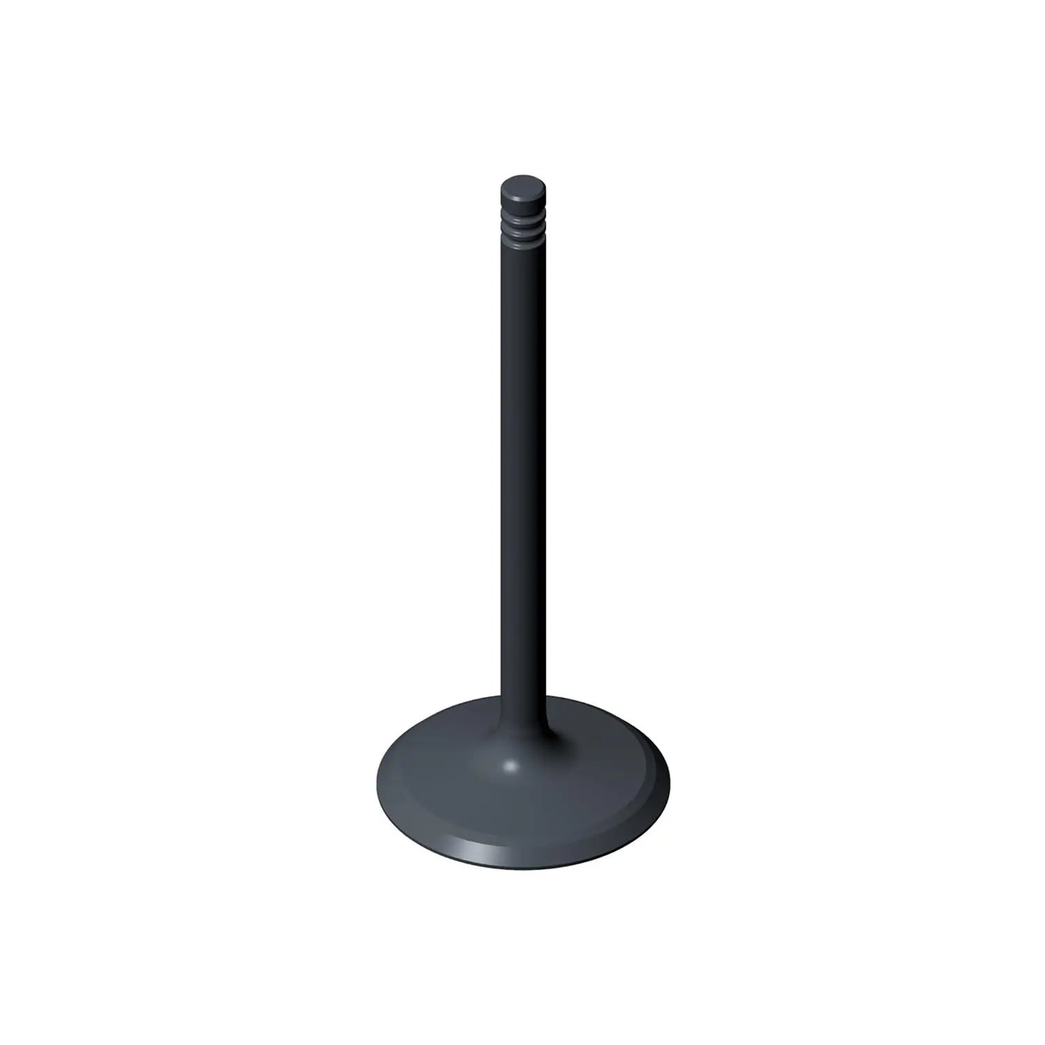 Black metal intake valve with flat circular base and grooved stem tip.