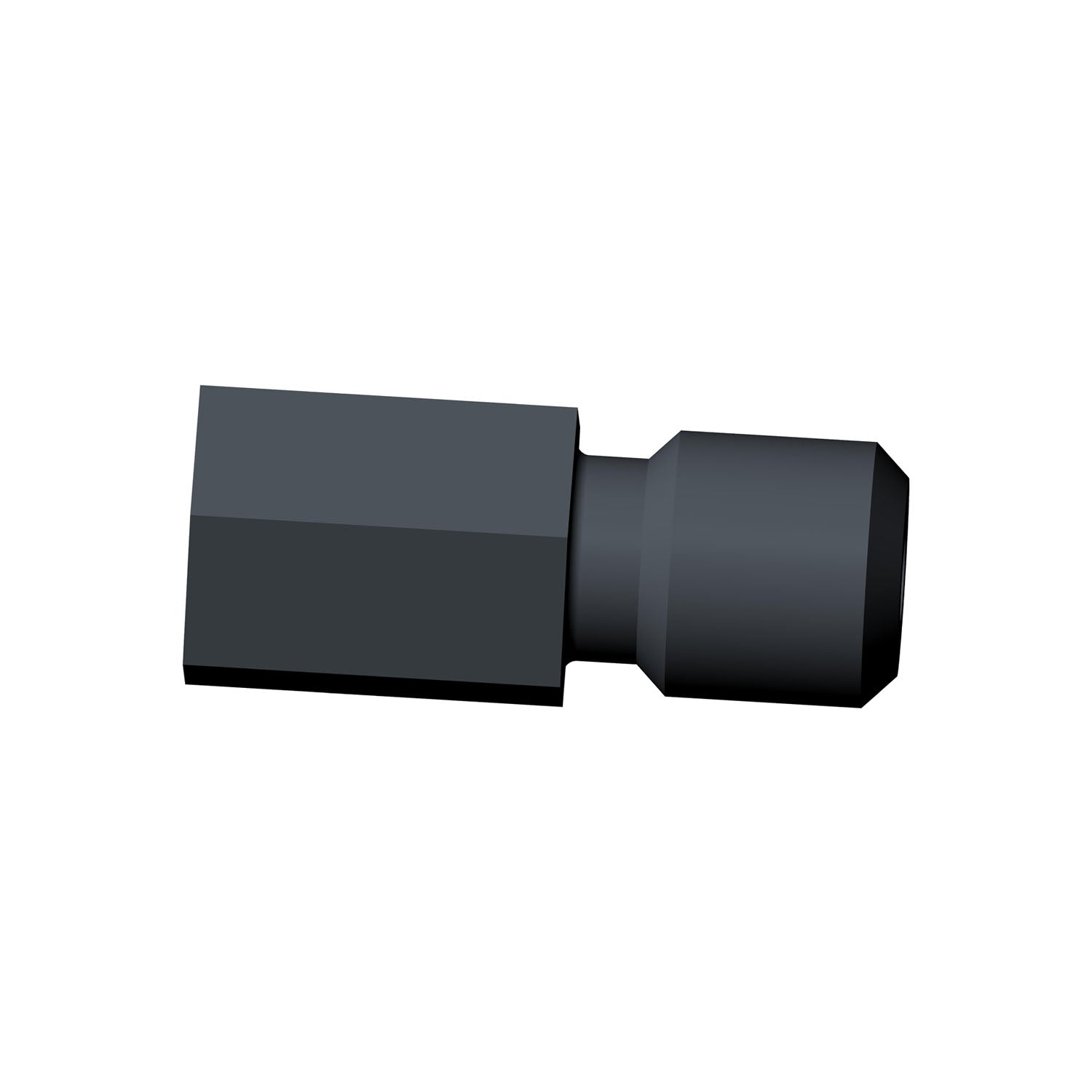 Black metal oil jet nozzle with a rectangular base and tapered cylindrical tip.