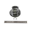 Silver metallic 78 mm piston with grooves, matching circular clip, and 6-inch metal ruler for scale.