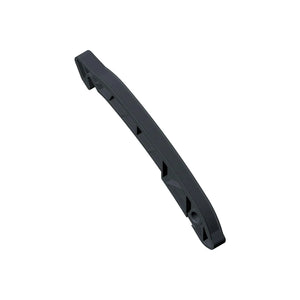 Black curved plastic cam chain tensioner guide with mounting holes and smooth surface.