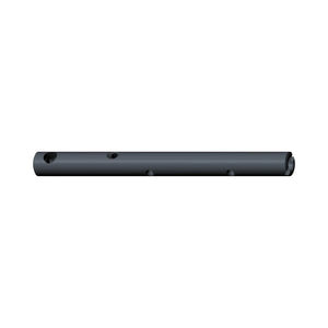 Black cylindrical metal rocker shaft with multiple drilled holes and smooth finish.