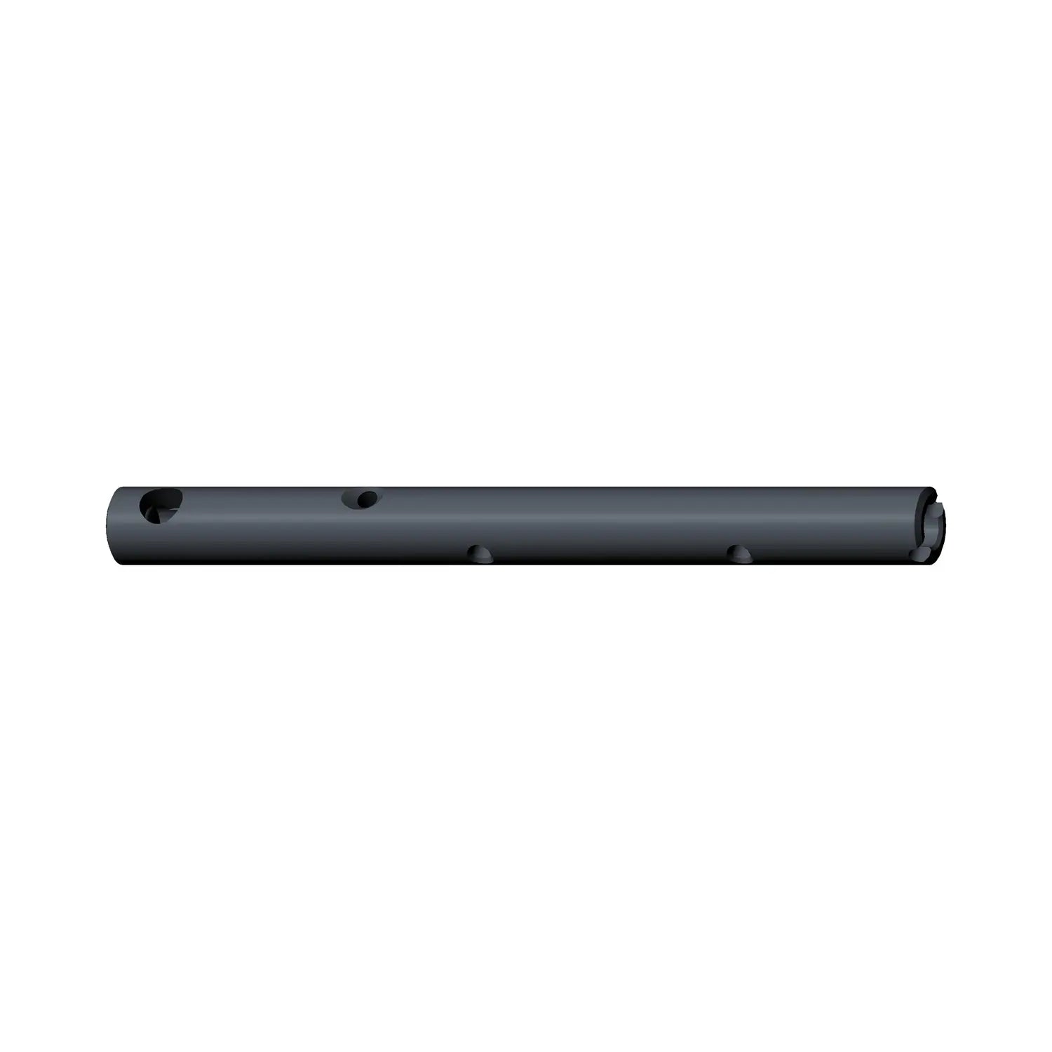 Black cylindrical metal rocker shaft with multiple holes and smooth finish.
