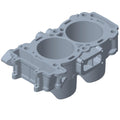 Gray metal cylinder head with two large circular chambers and multiple bolt holes for attachment.