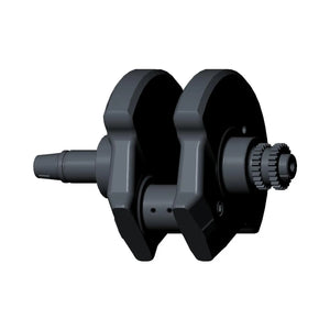 Black metal crankshaft with gear teeth on one end and smooth shaft on the other, for motorcycle engines.