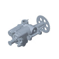 Gray metal wet sump oil pump with attached gear for Polaris vehicles.