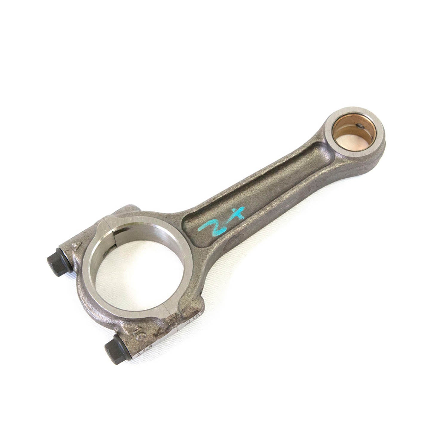 Polished silver steel connecting rod with precision machining and blue marking on arm.