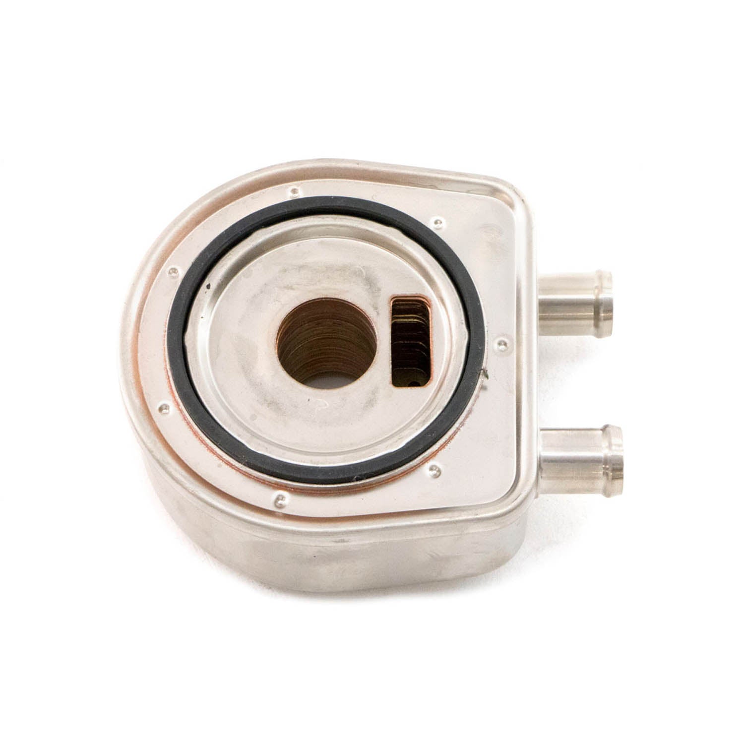 Silver metal oil cooler with rounded edges and two cylindrical connectors on the side.