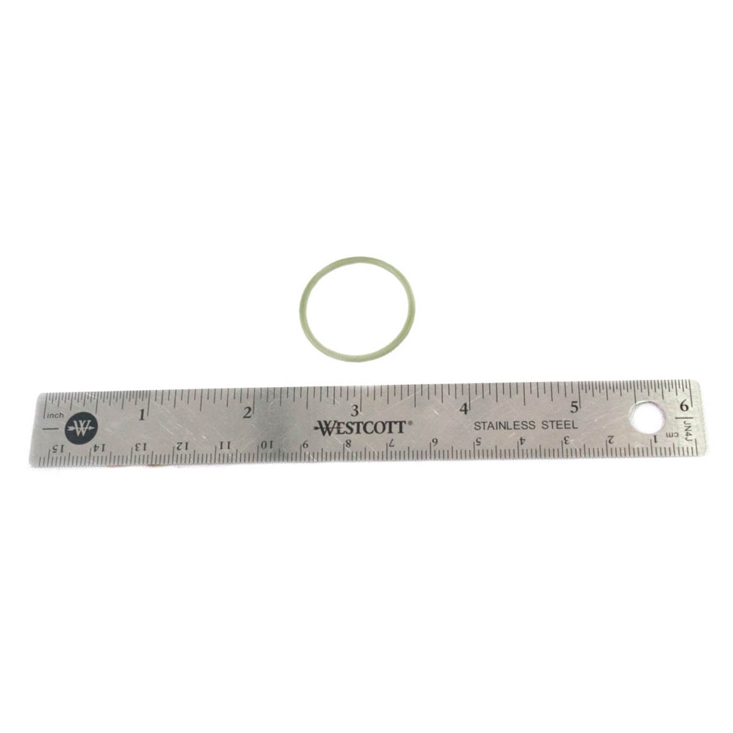 Small beige rubber O-ring next to a stainless steel ruler showing about 1 inch diameter.