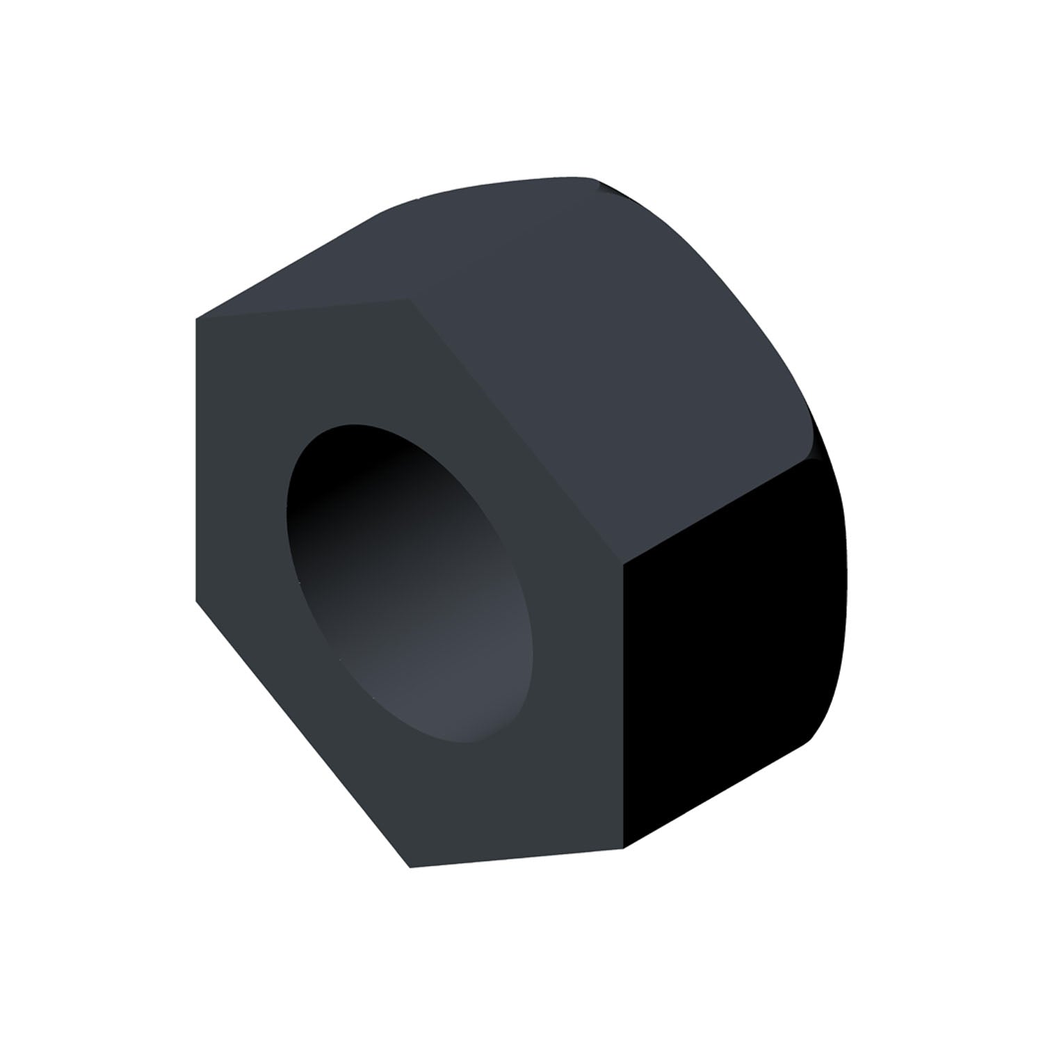 Black hexagonal metal nut with a circular threaded hole in the center.