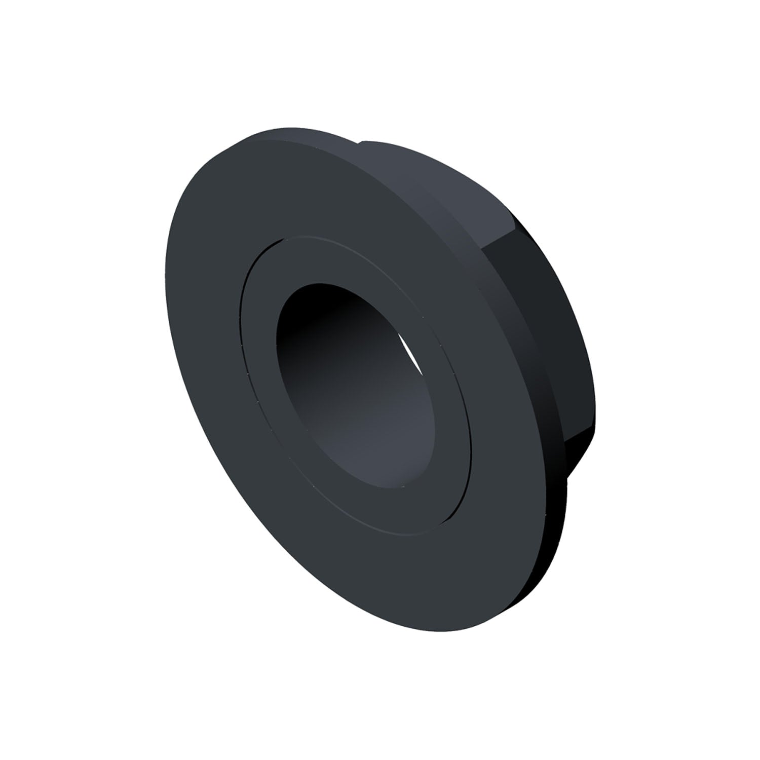 Black metal flange nut with a wide, flat circular base and central threaded hole.