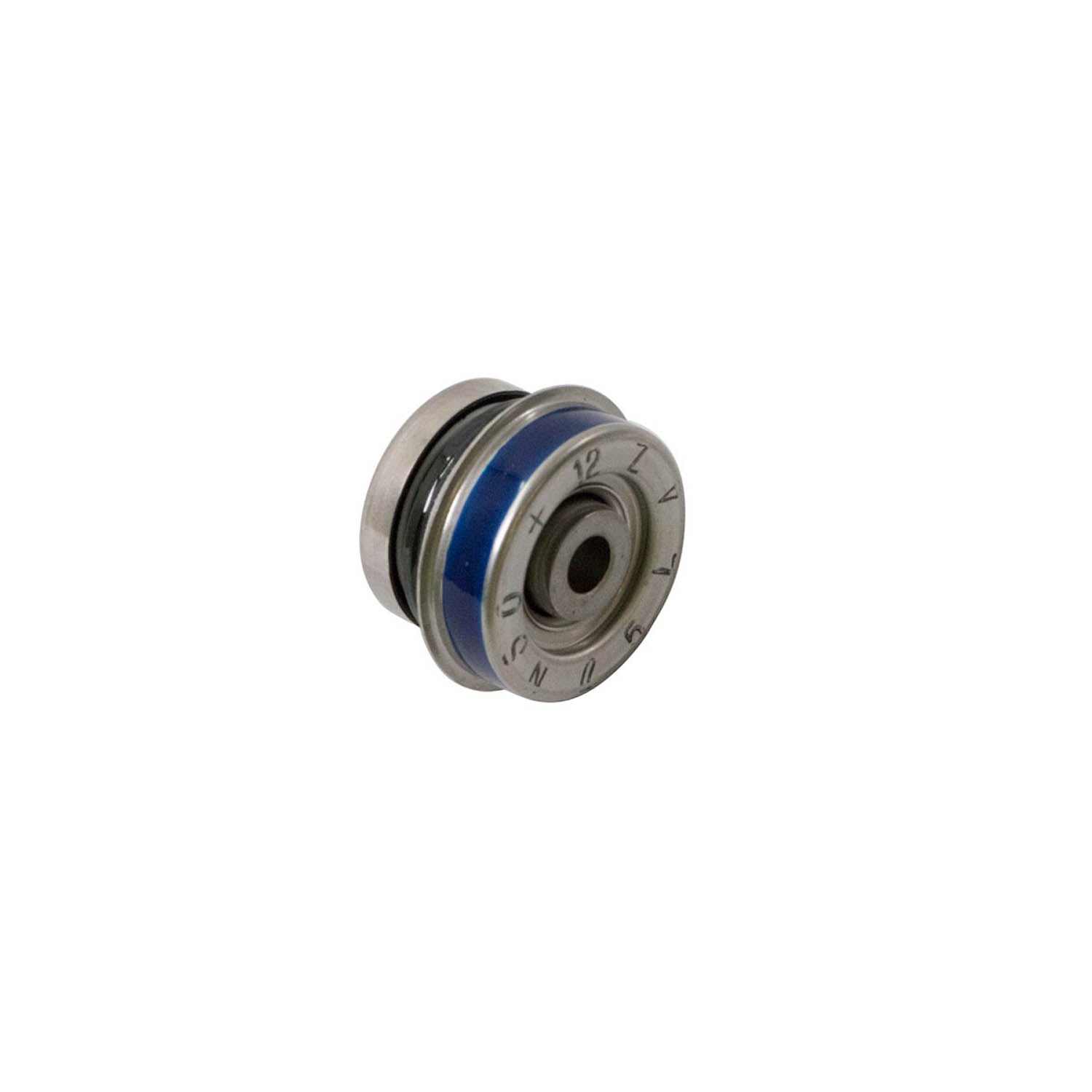 Circular mechanical seal with blue center ring and silver metal outer casing.
