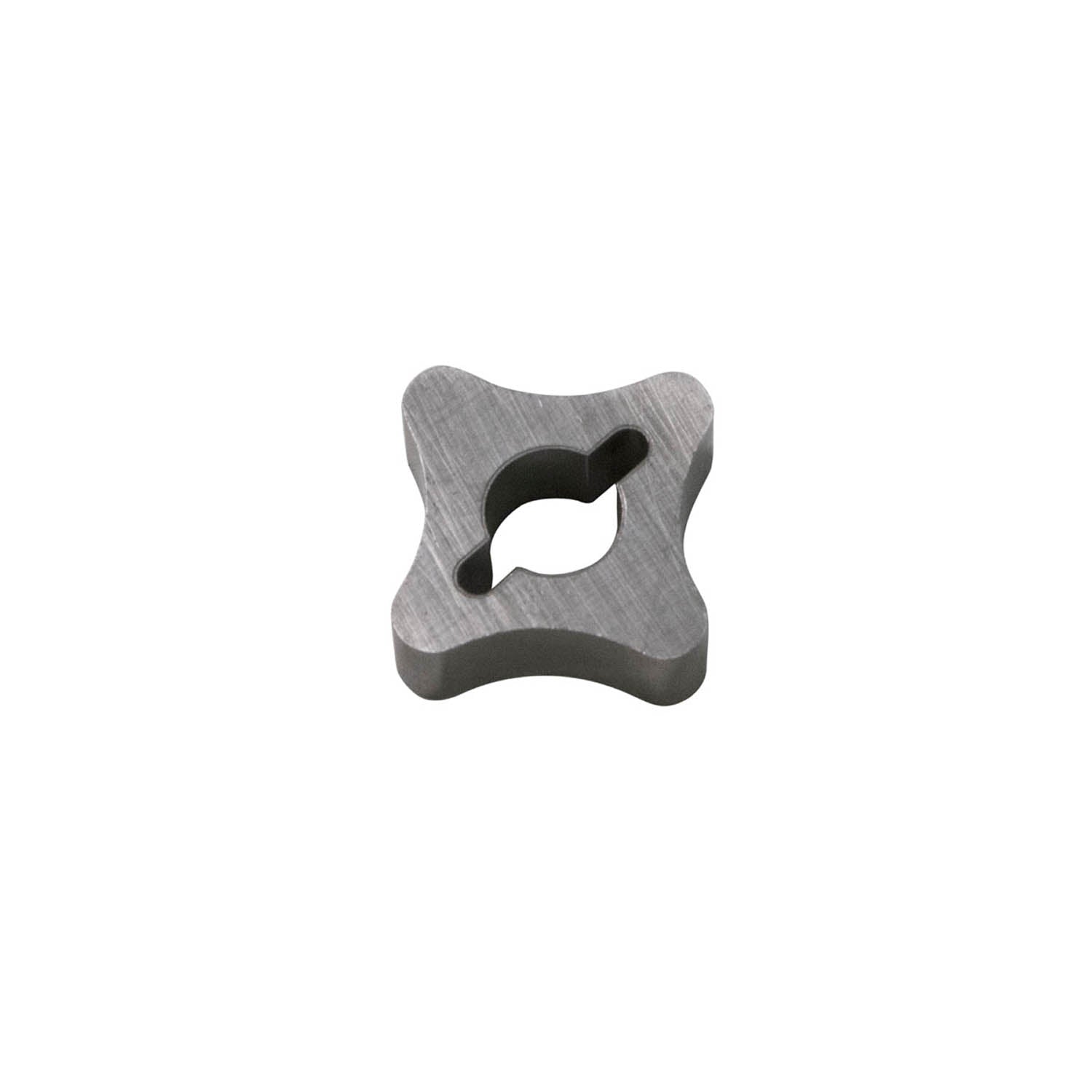 Gray metal inner rotor with four lobes and a central irregularly shaped hole.