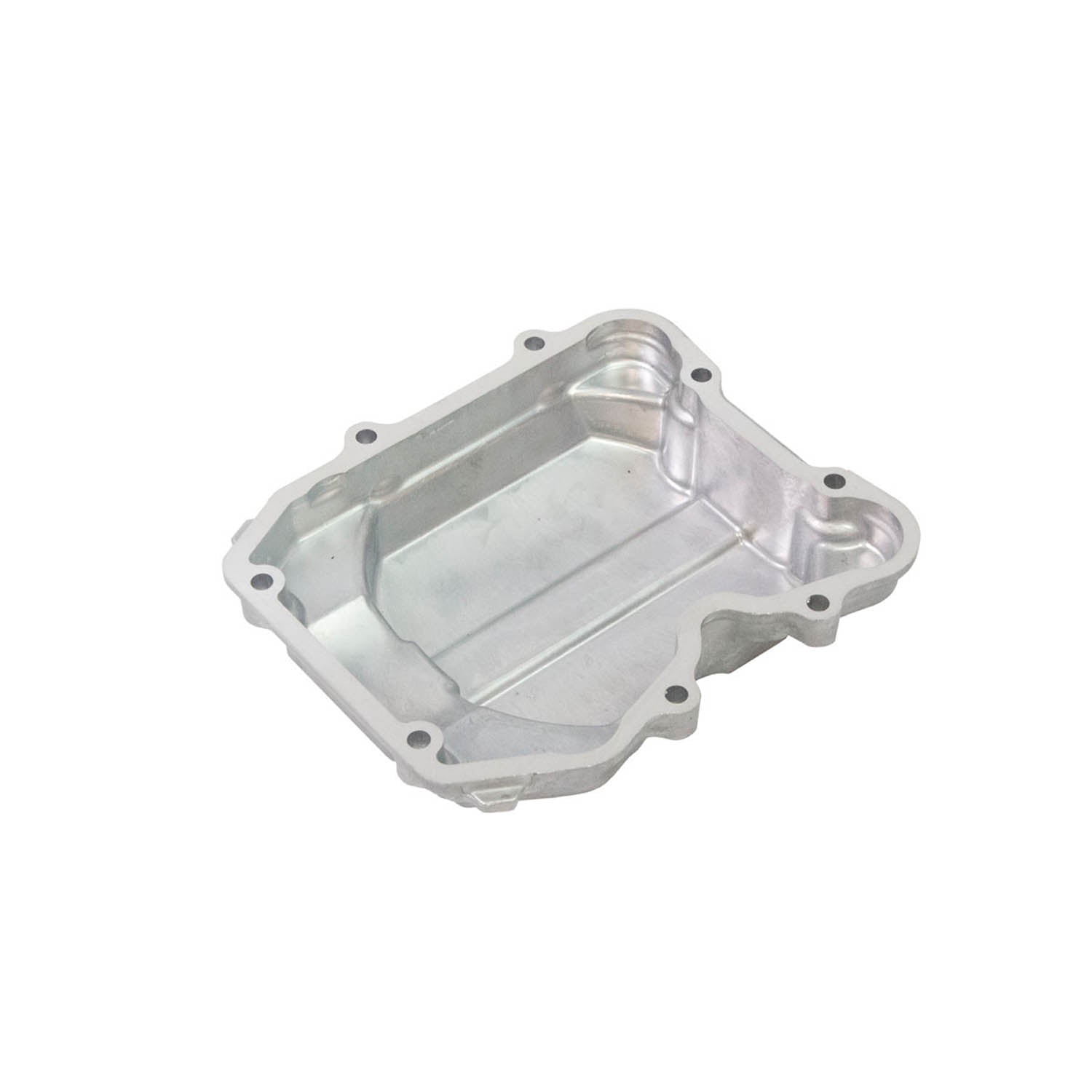 Silver aluminum rocker cover with multiple mounting holes and a square-shaped recessed center.