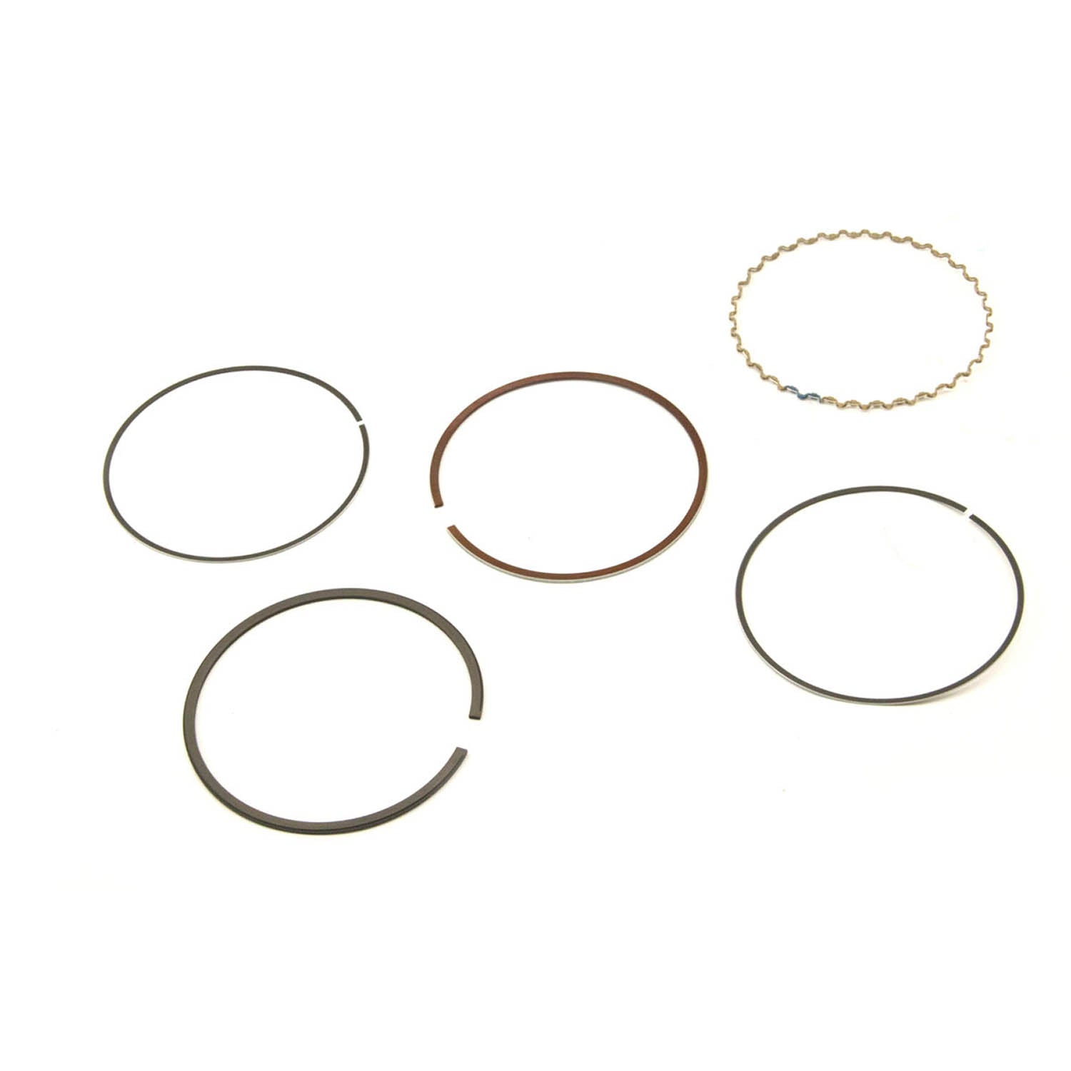 Set of five metallic piston rings in varying sizes and shapes, including flat and wavy designs, arranged on white background.