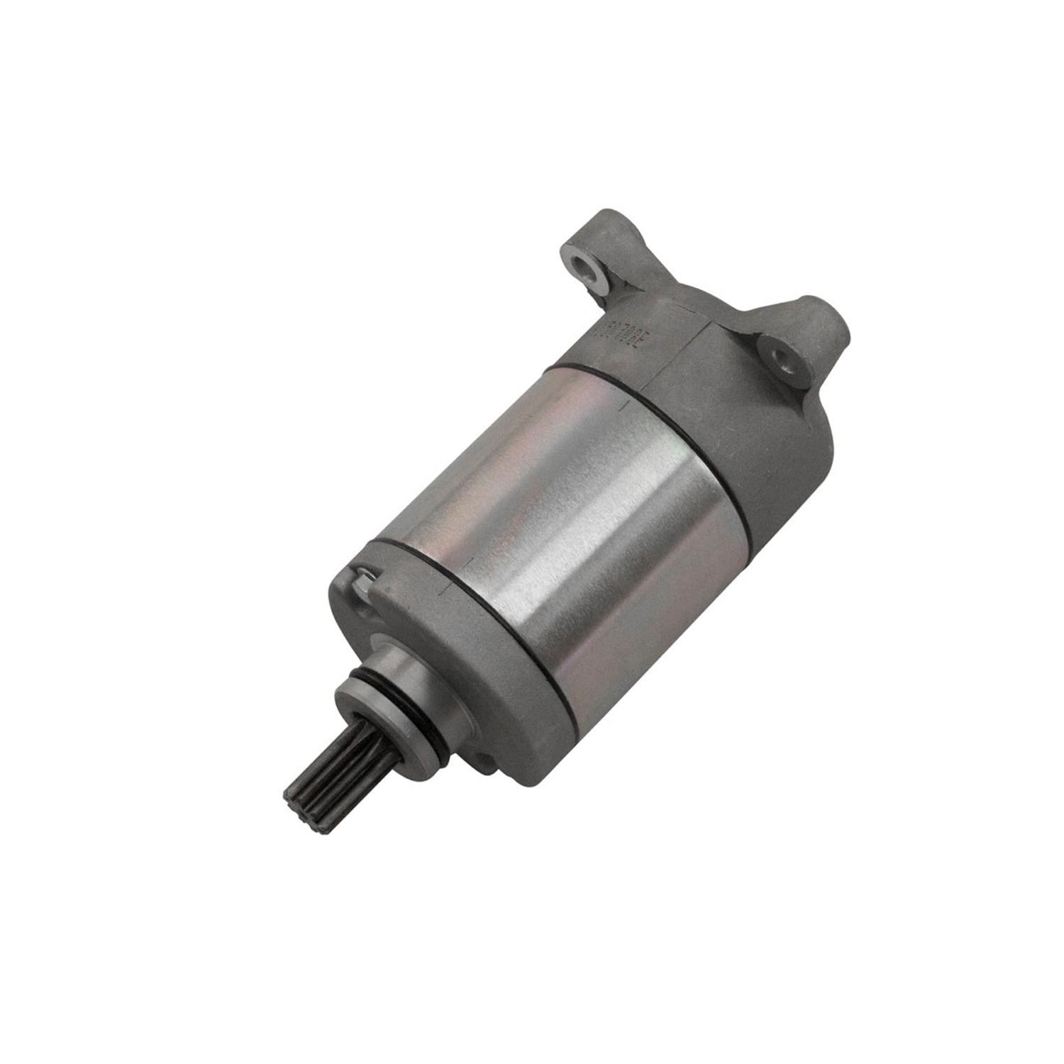 Silver cylindrical starter motor with gray mounting bracket and black gear shaft.