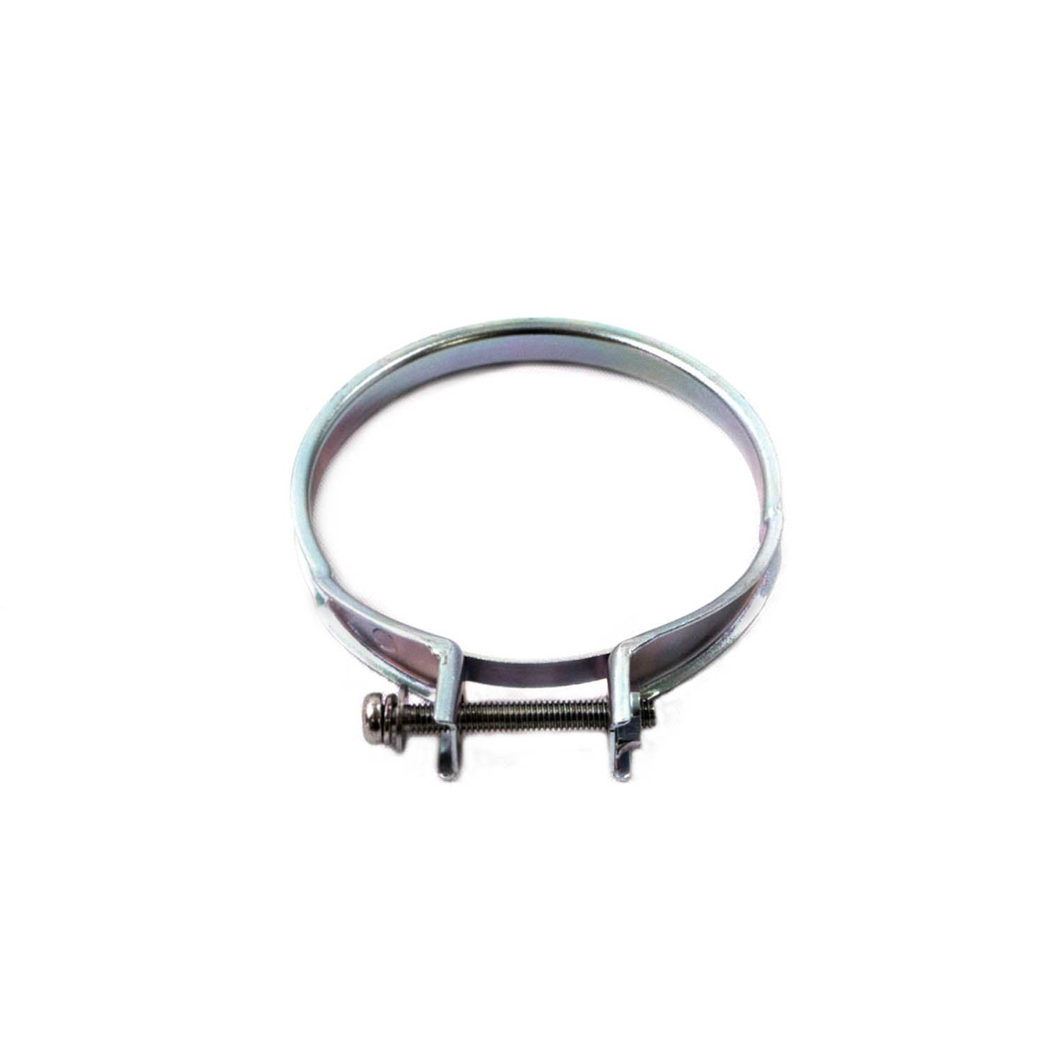 Silver metal circular clamp band with bolt and hinge mechanism for tightening.
