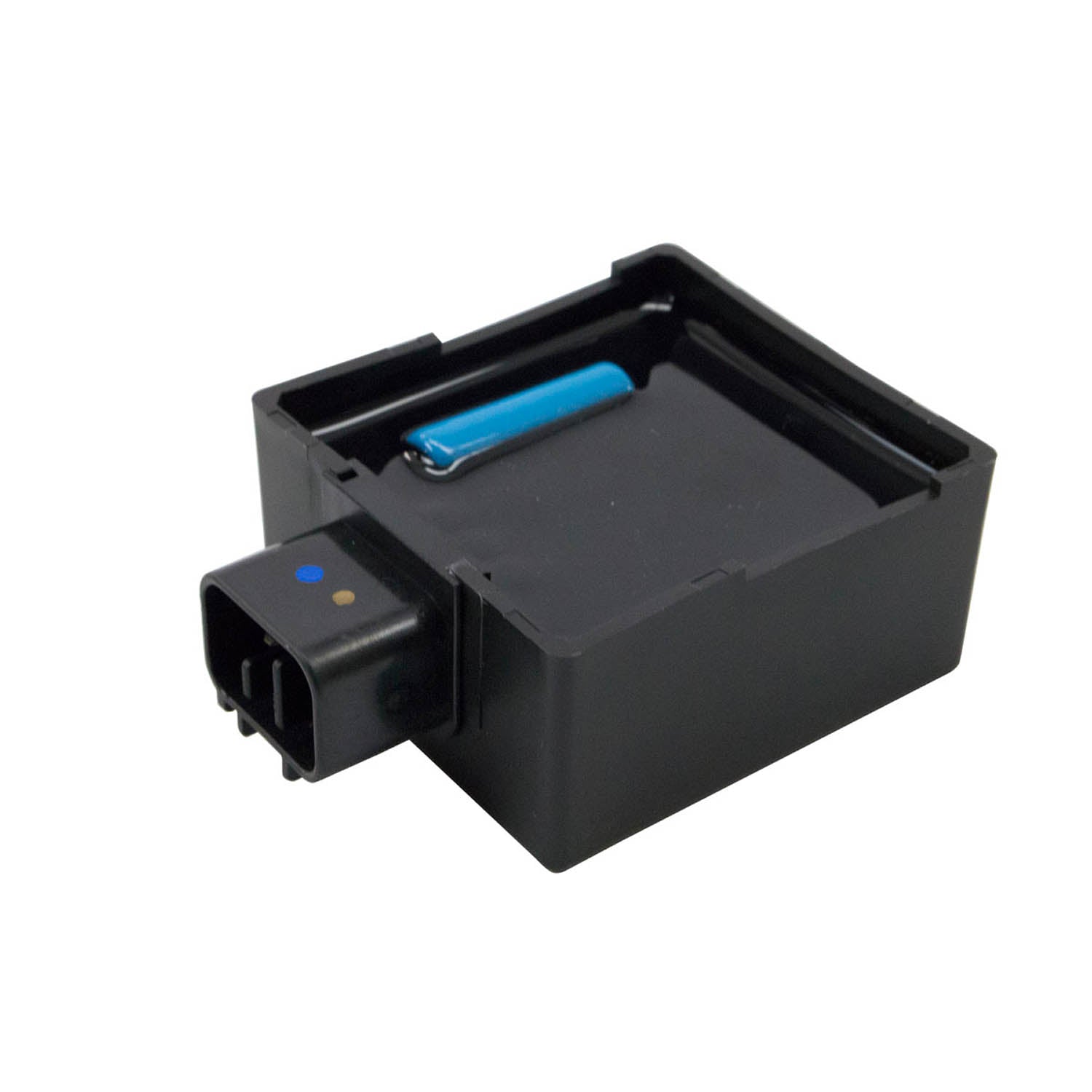 Black rectangular complete CDI system module with a blue cylindrical component and a four-pin electrical connector.