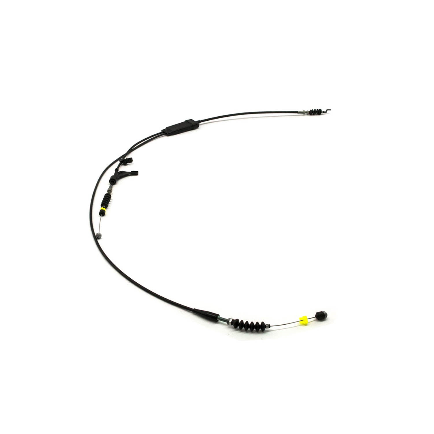 Black throttle cable with metal connectors and yellow safety clips for Polaris UTVs.