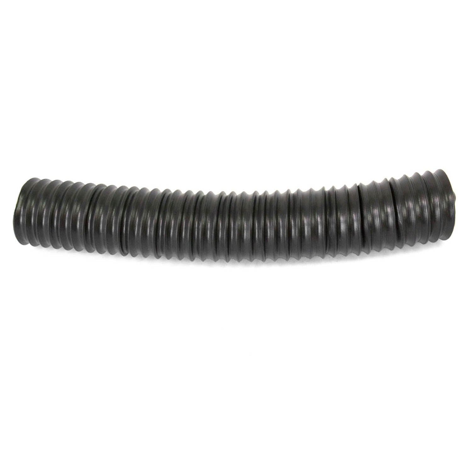 Black flexible corrugated rubber duct with ridged texture and slight bend.