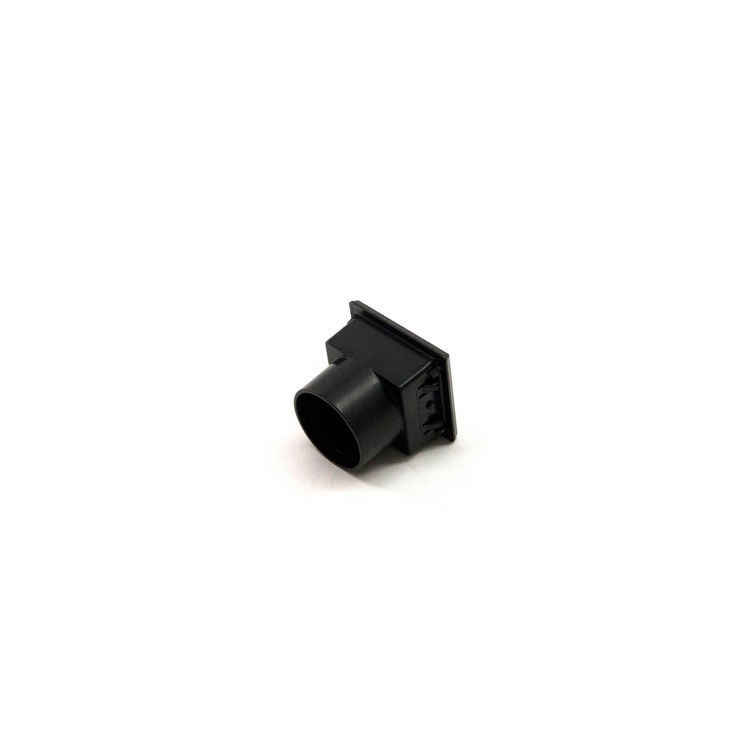 Black square plastic vent with round outlet and flat mounting flange.