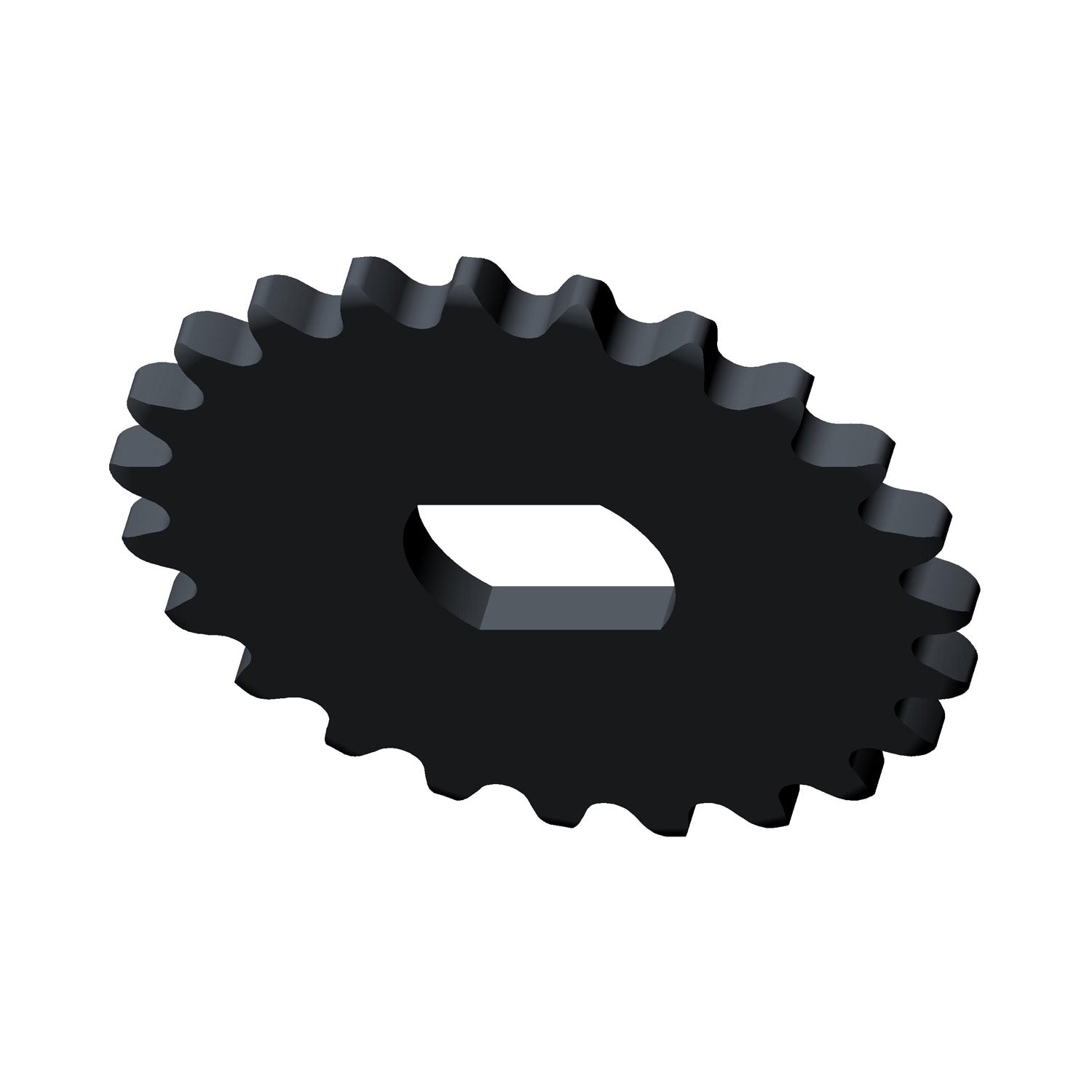 A black, oval-shaped Drive Pulley, 23T (Replaced by 3222150) by Polaris with rounded teeth and a rectangular center hole—an essential OEM Victory part for your motorcycle, shown on a white background.