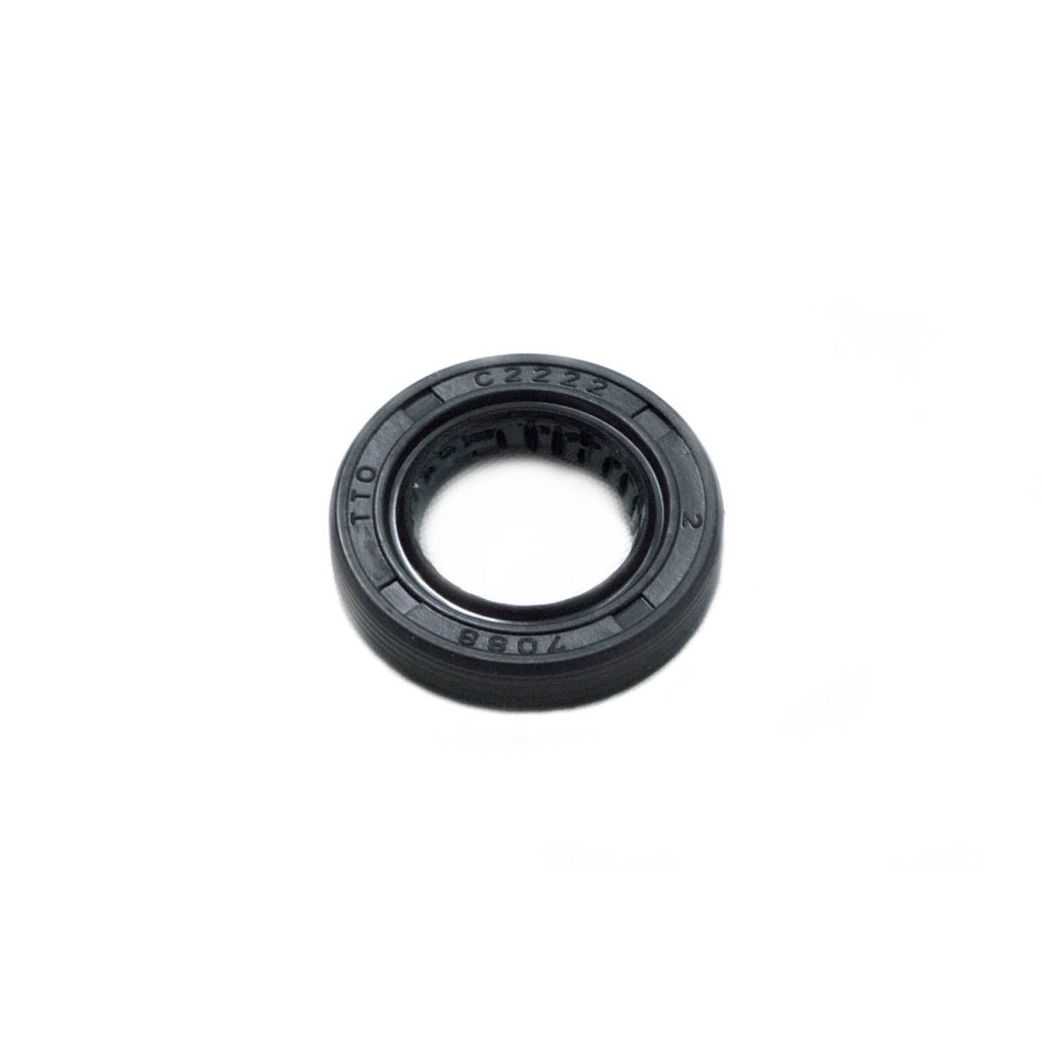 Black circular rubber oil seal with inner lip and embossed markings on the outer edge.