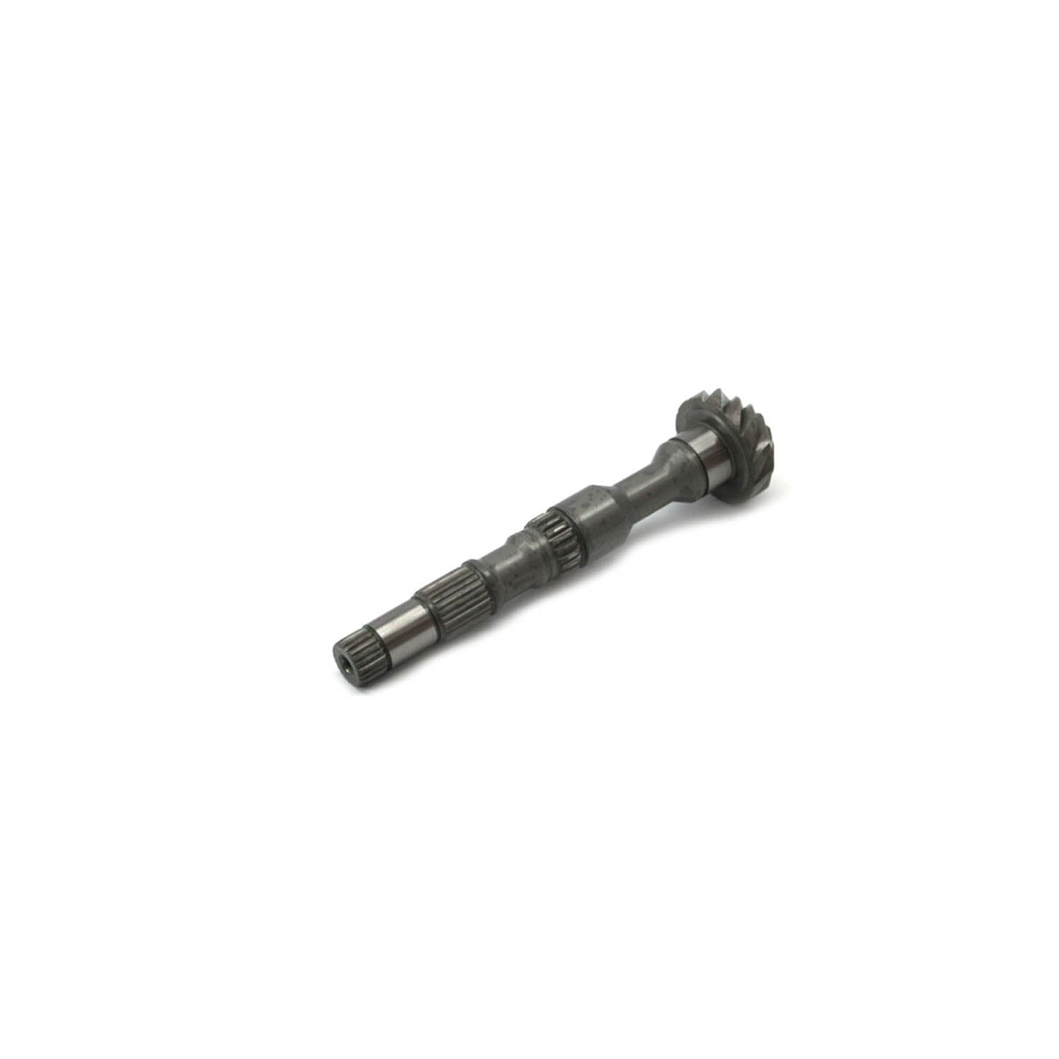 Black metal automotive pinion gear with 13 teeth and splined shaft for center drive assembly.