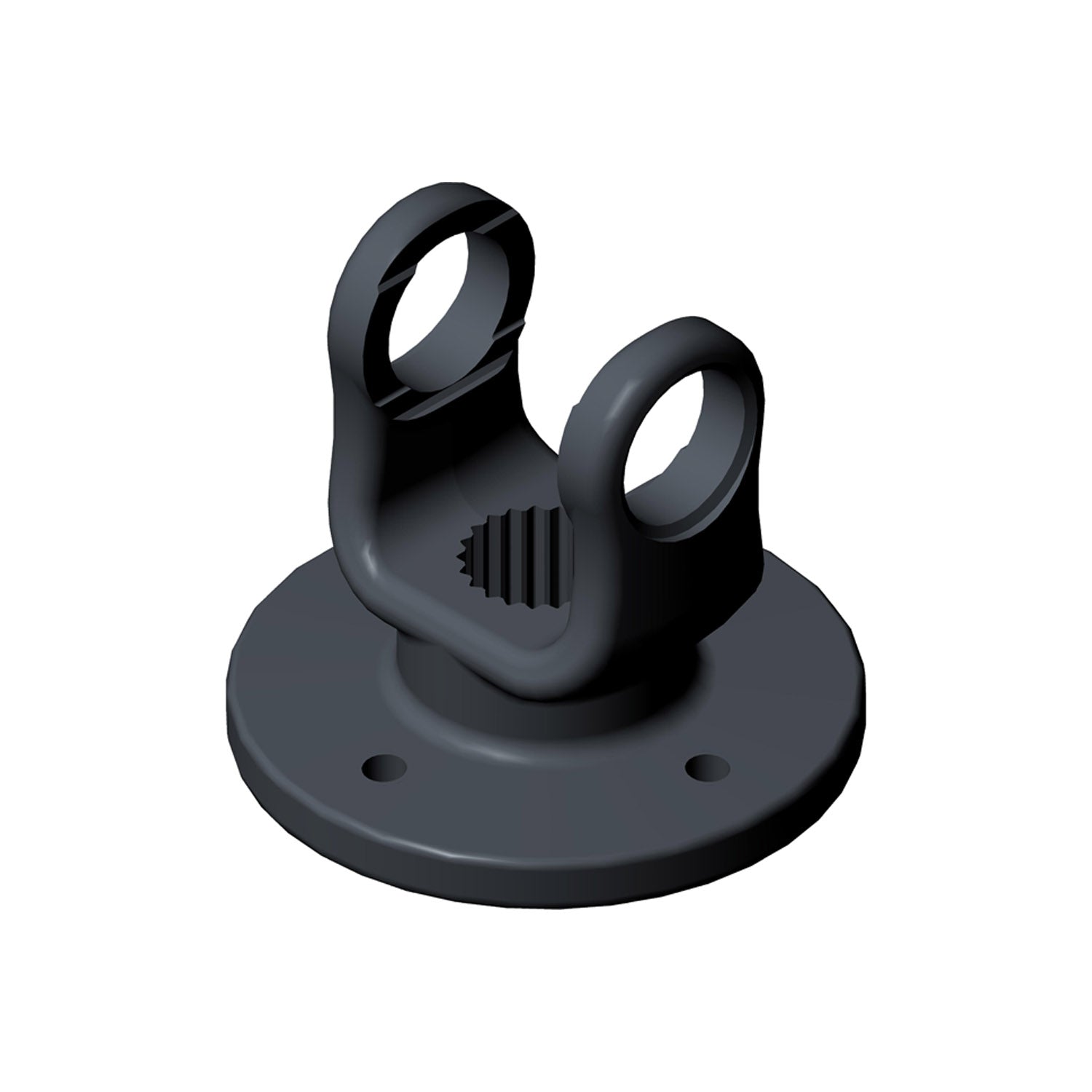 Black flanged yoke with circular base and dual eyelets for heavy-duty vehicle attachment.