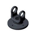 Black flanged yoke with circular base and dual eyelets for heavy-duty vehicle attachment.
