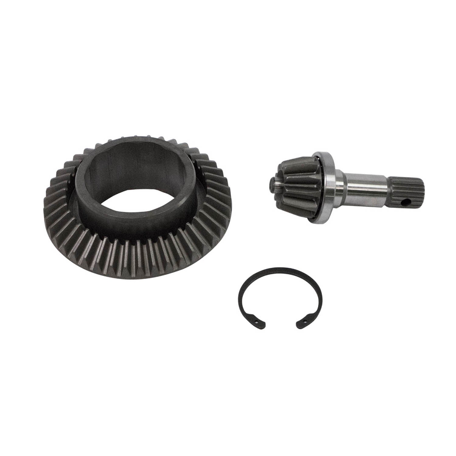Metal ring gear with angled teeth, pinion gear with splined shaft, and circular retaining clip.