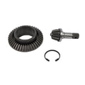 Metal ring gear with angled teeth, pinion gear with splined shaft, and circular retaining clip.
