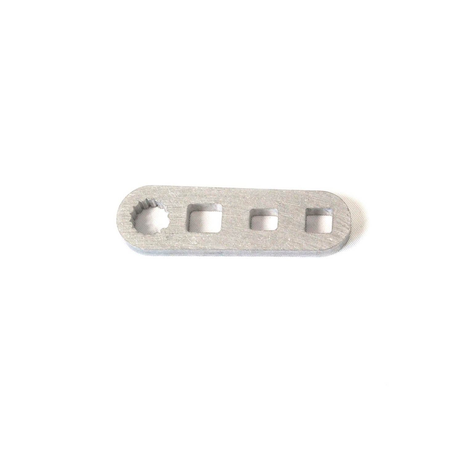 Silver metal bellcrank arm with one circular and three square mounting holes.