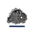 Gray metal Polaris main gearcase left side with circular openings and mounting holes, shown with blue ruler for scale.