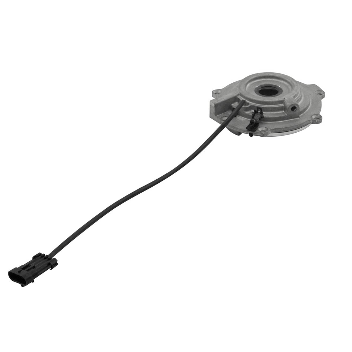 Gray circular plastic output cover with attached black cable and rectangular connector plug.