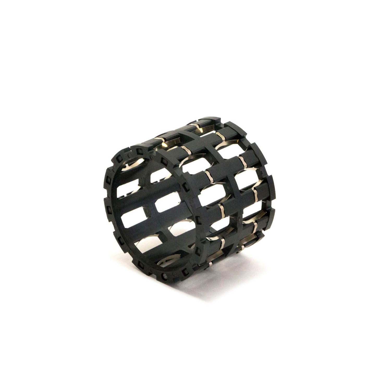 Black cylindrical roller cage with rectangular cutouts and metal pin connectors for Polaris gearcase.
