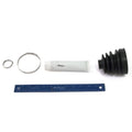 Black rubber outer CV boot with two metal clamps, small packet of lubricant, and blue 12-inch ruler on white background.