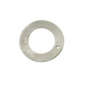 Round silver metal shim with outer and inner holes, smooth surface, small notch hole near edge.