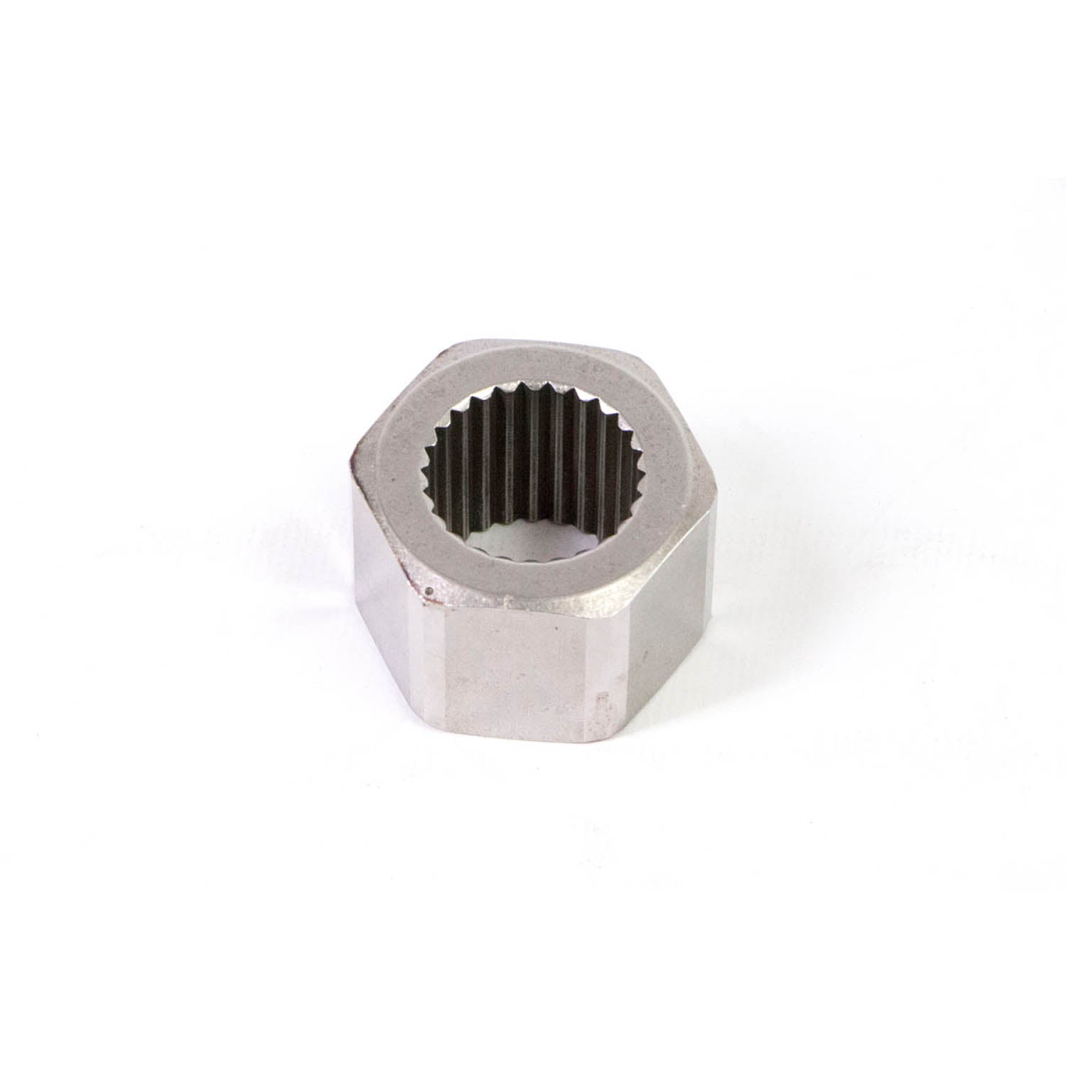 Silver hexagonal metal cam with internal splines for Polaris UTV parts replacement.
