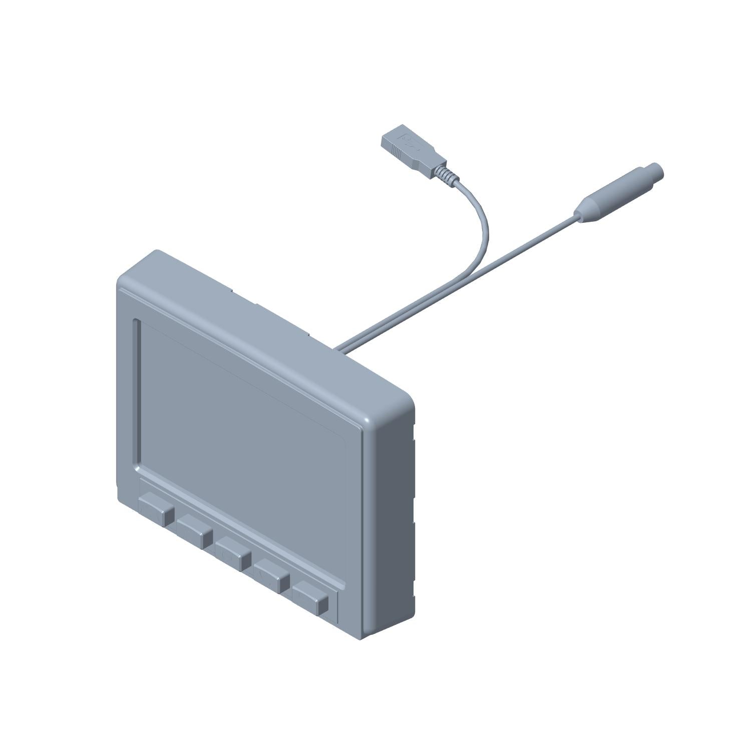Rectangular gray digital display module with five buttons and two attached cables.