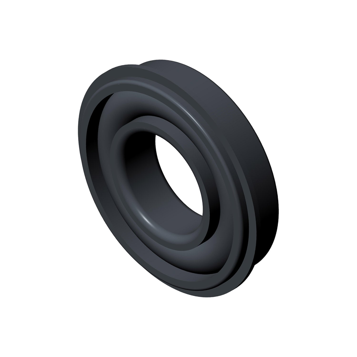 Black circular ball bearing with smooth rounded inner and outer edges, designed for mechanical use.
