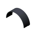 Curved black metal connecting rod bearing with smooth surface and precise edges.