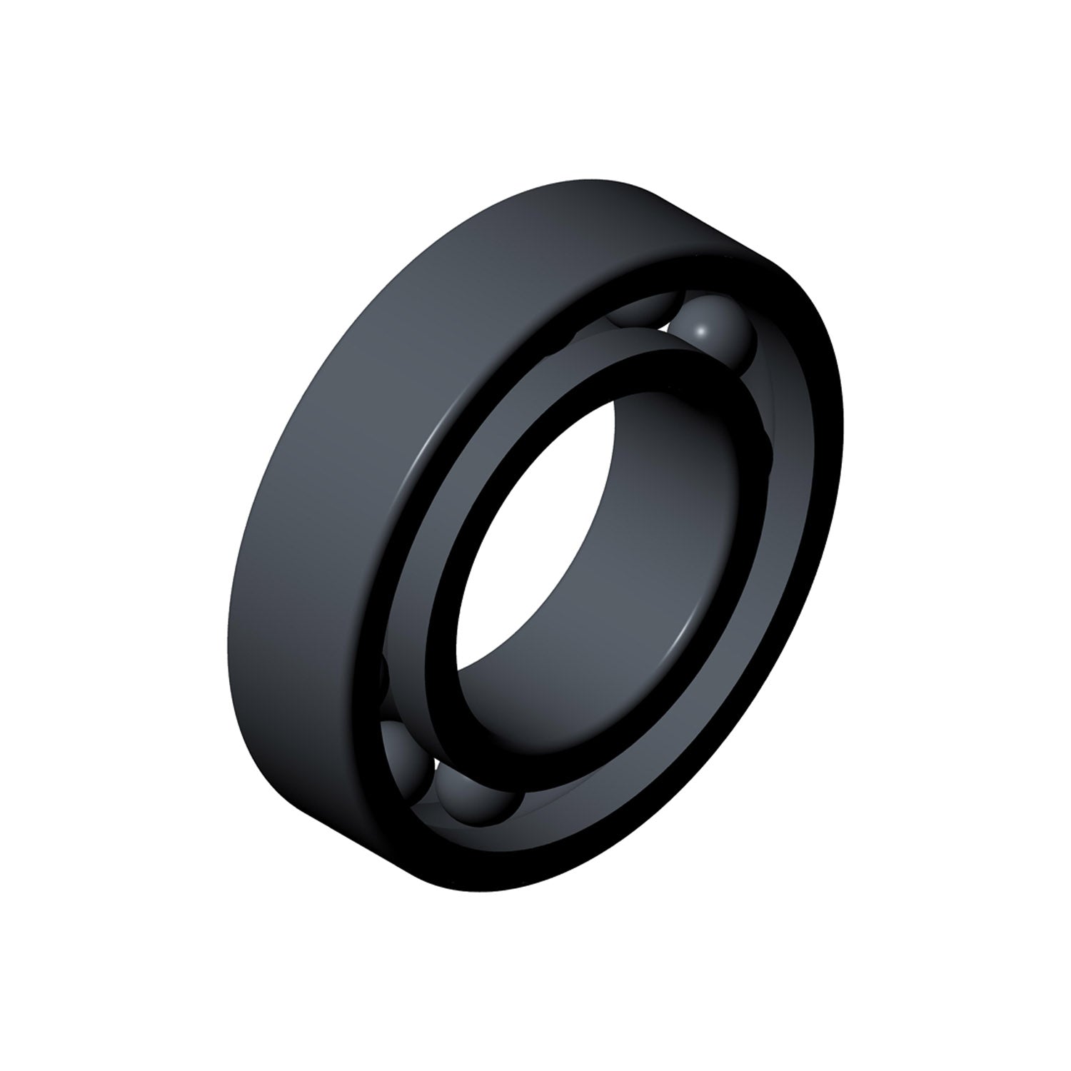 Black metal ball bearing with visible steel balls and smooth outer ring.