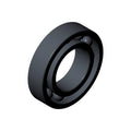 Black metal ball bearing with visible steel balls and smooth outer ring.