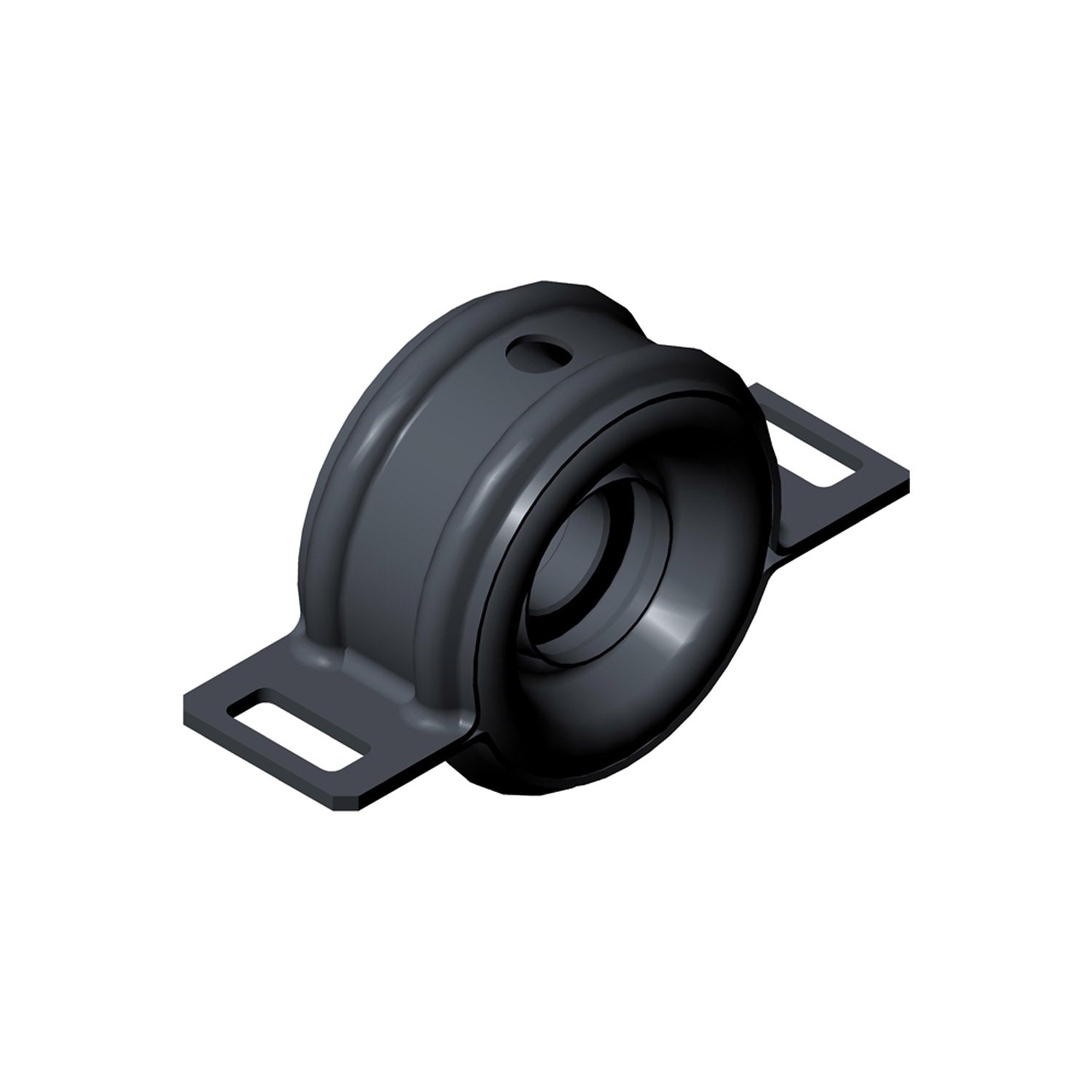 Black metal prop bearing isolated with mounting holes on each side and circular housing design.